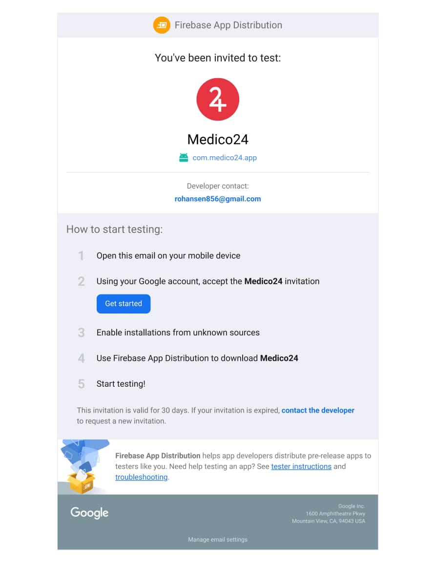 Firebase App Distribution invitation email to test Medico24